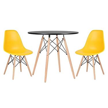 Imagem de Loft7, Kit - Mesa redonda Eames 80 cm preto + 2 cadeiras Eiffel Dsw Amarelo