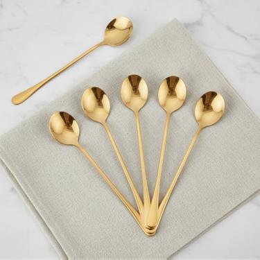 Imagem de Conjunto de 6 colheres de café de cabo longo com 6 colheres de café especiais de aço inoxidável de 18 cm para uso em mesa de jantar com leite, chá, sorvete, sobremesa (redonda)