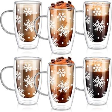 Imagem de Sliner Pacote com 6 canecas de café de vidro de parede dupla de floco de neve de Natal com alça 425 g Copos isolados transparentes canecas de férias de inverno para cappuccino latte saquinho de chá