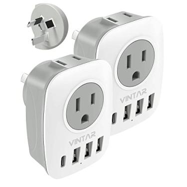 Imagem de Pacote com 2 adaptadores de tomada de alimentação Austrália Nova Zelândia, adaptador de viagem VINTAR Austrália com 1 USB C, 3 portas USB e 2 tomadas americanas, adaptador de plugue tipo I 6 em 1 para
