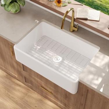 Imagem de Pia de cozinha DeerValley Farmhouse 83 cm, pia de cozinha refractária branca, avental de cerâmica, tigela única profunda frontal com grade e ralo de aço inoxidável