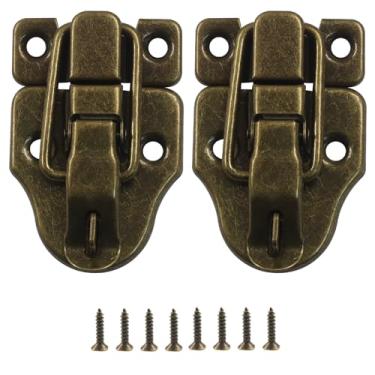 Imagem de Moicstiy Pacote com 2 travas de metal, trava de ferrolho de bico de pato com orifício e parafusos de cadeado, trava de caixa para armário, caixa de joias, baú, caixa de madeira comum (Bronze)