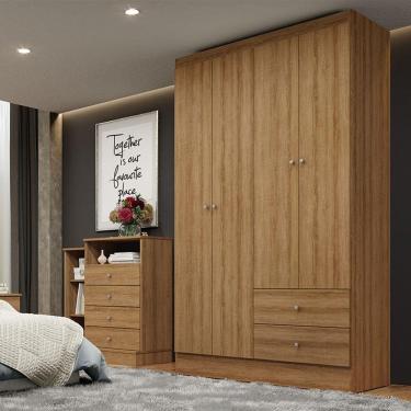 Imagem de Guarda-Roupa Roupeiro Solteiro Astro THB Móveis 4 Portas E 2 Gavetas Almendra