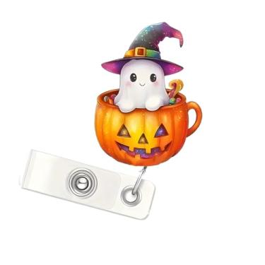 Imagem de Carretel de crachá de fantasma fofo, porta-crachá de acrílico para Halloween, clipe retrátil, desenhos de abóbora, diabo, suporte de cartão de identificação, tema de Halloween, porta-crachás
