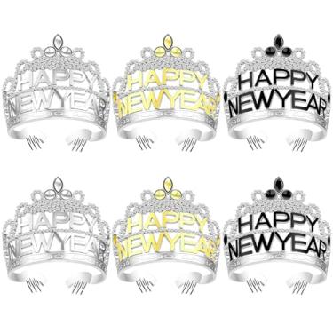 Imagem de Knitgrip 6 peças Happy New Year 2026 tiara coroa tiara coroa véspera chapéus tiara para meninas princesa ano novo lembrancinha de festa acessórios cosplay joias princesa suprimentos de festa
