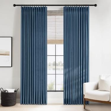 Imagem de PONY DANCE Cortinas plissadas de algodão de linho azul jeans 244 cm de comprimento 2 painéis para sala de estar, cortina semitransparente com filtro de luz traseira com ganchos para porta de vidro