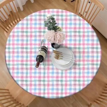 Imagem de COKCOKR Capa de mesa redonda de tecido de poliéster, toalha de mesa xadrez em aquarela pastel arco-íris, lavável para cozinha, jantar, festa ao ar livre, piquenique, banquete de casamento, 91 a 111 cm