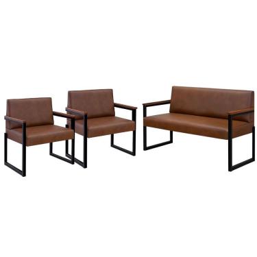 Imagem de Conjunto Sofá 2 Lugares E 2 Poltronas Niterói Couro Marrom Em Metal Preto