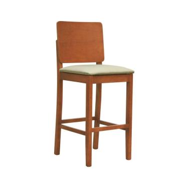 Imagem de Banqueta Alta Bistrô Quéops Madeira Maciça Encosto Anatômico - Amêndoa Assento Estofado Linho Bege