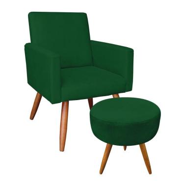 Imagem de Kit Poltrona E Puff Redonda Veludo Verde Pés Palito Castanho