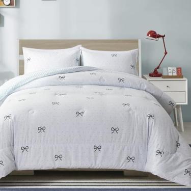 Imagem de Aimuan Conjunto de edredom com laço, lado oposto, fofo, fofo, decorativo, acolchoado, para meninas, Queen