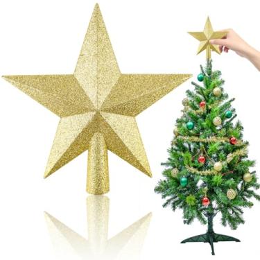 Imagem de Mini topo de árvore de Natal com estrela dourada com glitter, PLULON 10 cm, decoração de árvore de Natal pequena, enfeites de Natal à prova de estilhaçamento, casa, bar, loja, escritório, festas