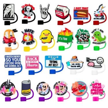 Imagem de 24 peças de tampas engraçadas de canudo kawaii, tampas de silicone para garrafa de água, enfermeira, professora, pato, sorriso, personagens de terror, presentes, adultos, homens, mulheres, escritório