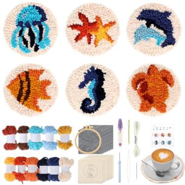 Imagem de Kit de porta-copos de agulha Ocean Punch, 6 bases para copos com padrão de animais marinhos, kit de bordado fácil para adultos, iniciantes, faça você mesmo, almofadas adornadas com fios de feltro