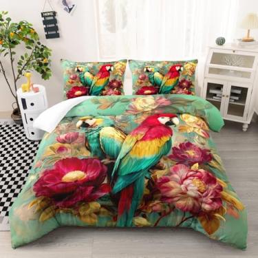 Imagem de AILONEN Lindo conjunto de edredom casal de periquito vermelho e verde para decoração de quarto de crianças, meninas, aquarela, peônia, 3 peças, 1 colcha + 2 fronhas
