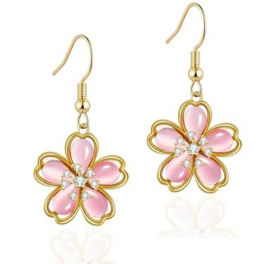 Imagem de VONSSY Colar de flor de cerejeira rosa brincos olho de gato pedra preciosa flor de cristal flora pingente Sakura corrente banhada a ouro 18 k conjunto de joias de prata presente para mulher, esposa