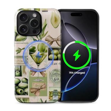 Imagem de Zhhoya Capa para iPhone 16 Pro Max, Dirty Martini Vintage Matchbox Colagem Padrão Impressão Brilhante Compatível com Magsafe Capa Rígida Híbrida de 2 Camadas Proteção para Meninas Mulheres Meninos