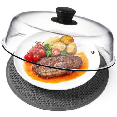 Imagem de 2 em 1, capa de vidro para micro-ondas para alimentos e microondas, tampa de proteção contra respingos de placa com alça de silicone de fácil aderência, vidro borossilicato com orifício de ventilação