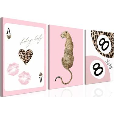 Imagem de Conjunto de 3 arte de parede em tela de leopardo moderno - imagens de decoração de parede com estampa de chita rosa, Funky Lucky You 8 Ball Poster Pinturas estéticas, para quarto de meninas dormitório