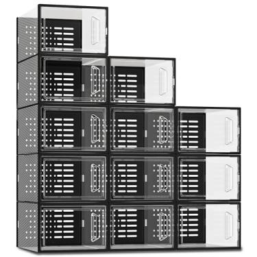 Imagem de SEE SPRING Caixas de armazenamento de sapatos, organizador de sapatos empilhável de plástico branco para armário, sapateira e suporte para tênis, pacote com 12, preto