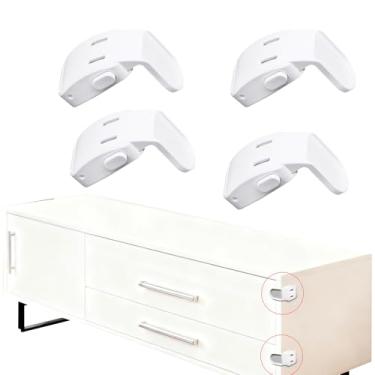 Imagem de Pacote com 4 fechaduras de gaveta à prova de bebê, travas adesivas para armário sem broca para segurança infantil, design de liberação fácil para cozinha, banheiro, berçário e móveis, branco