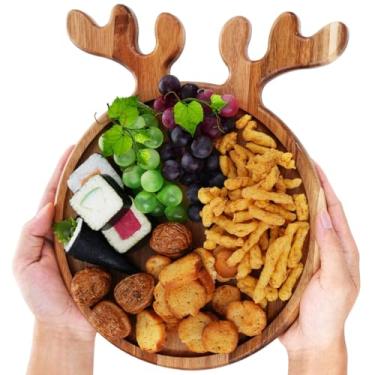 Imagem de byepica Bandeja de servir de madeira maciça com alças de chifre, travessa criativa para café da manhã e lanches, prato de madeira para frutas e decoração, presente ideal para Natal, casamento