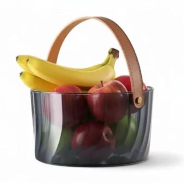 Imagem de Fruteira Decorativa de Mesa em Acrílico com Alça Couro – Cesto Premium para Frutas com Pegador de Couro - Organização Sofisticada para Mesa e Cozinha.