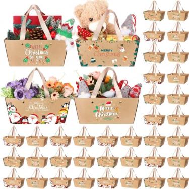 Imagem de Pinkunn 48 cestas de Natal para presentes, kit de cestas de presente vazias para festas de Natal com alças 24 x 16 x 11 cm Bandejas de mercado de papelão kraft para embalagem de presente de Natal