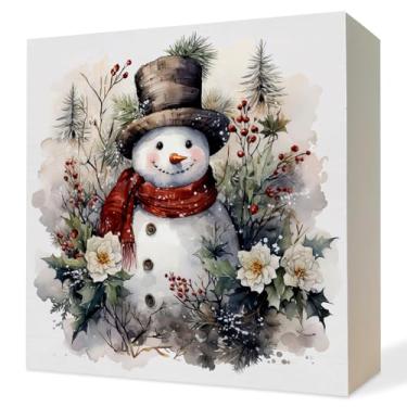 Imagem de ATBWGT Sinal de caixa de madeira de inverno floral rústico de boneco de neve, decoração de Natal de fazenda, árvore de Natal de inverno, azevinho, baga, boneco de neve, placa de bloco de madeira
