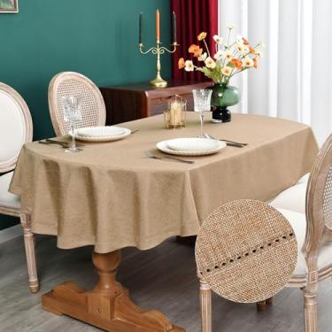 Imagem de NEWISHER Farmhouse Toalha de mesa oval com borda de costura neutra de linho sintético toalha de mesa rústica de linho sólido para jantar cozinha festa casa de férias 152 x 203 centímetros