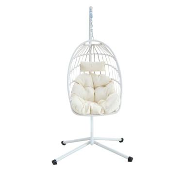 Imagem de CFMAIF Cadeira de ovo suspensa com suporte, cadeira suspensa de rede dobrável, capacidade de 158 kg, para varanda de quarto e jardim (branca)