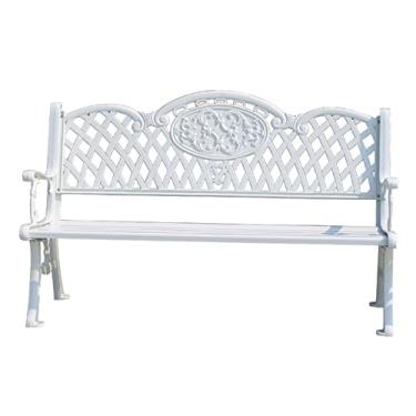 Imagem de TRGCJGH Banco de varanda para pátio, assento duplo, bancos de jardim de alumínio fundido, sofá de metal com encosto de grade e apoio de braço, móveis rústicos de pátio ao ar livre (branco)