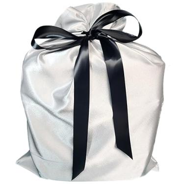 Imagem de Caylee's Creations Saco de presente de cetim reutilizável com fita e etiquetas (prata com fita preta - grande 70,5 cm x 50,8 cm)