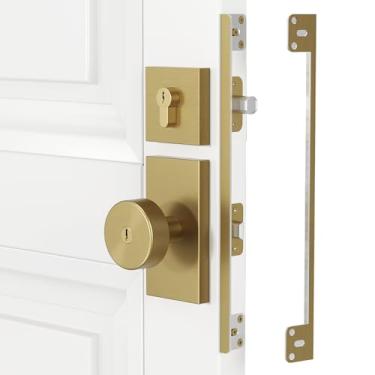 Imagem de Placa de proteção de trava de porta para segurança de porta de balanço 28 cm com tampa deslocada de 0,55 pol. Protetor de trava de porta resistente em forma de L, latão acetinado 1 pacote