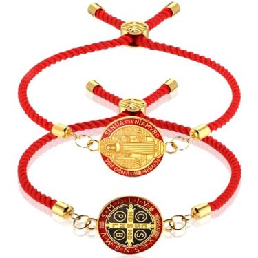 Imagem de Canchiing 2 pulseiras católicas ajustáveis, medalha de São Bento, presentes de bênção, cordão vermelho, rosário, presentes para homens, mulheres, aniversário, Natal, confirmação