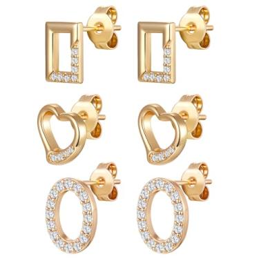 Imagem de VOLUKA Brincos femininos de zircônia cúbica – 3 pares de brincos de pressão 18K hipoalergênicos para orelhas sensíveis, imitação de diamante CZ, Latão, Zircônia cúbica