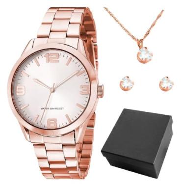Imagem de Presente Pra Ela: Relógio Feminino Rosé Aço Inox + Caixa Presente * Kit Joias Colar e Brincos Banhados a Ouro 18k