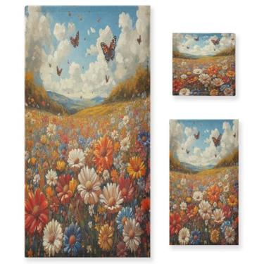 Imagem de ATTX Conjunto de toalhas de banho de prado de flores silvestres coloridas de 3 peças - Ultra macio e de secagem rápida, toalhas de mão absorventes de hotel e spa para banheiro #415