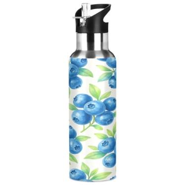 Imagem de Blueangle Garrafa de água de aço inoxidável com padrão de mirtilo aquarela de 947 ml - Garrafa esportiva de metal isolada à prova de vazamento para academia, acampamento, fitness ao ar livre e viagens