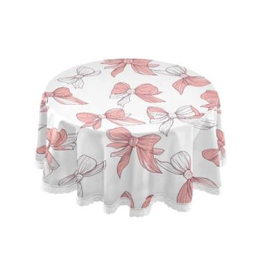 Imagem de SEHANY Toalha de mesa redonda com laço rosa de 152 cm, tecido lavável sem rugas, toalha de mesa decorativa de renda para restaurante, casamento, acampamento, festa de cinco de maio