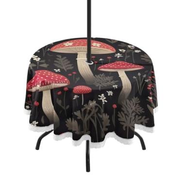 Imagem de ATTX Toalha de mesa redonda colorida com cogumelos ao ar livre – 152 cm, impermeável, à prova de derramamento, uso interno/externo, com orifício para guarda-chuva com zíper para acampamento