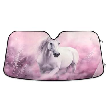 Imagem de ATTX Para-brisa de carro cavalo branco 139.7 cm x 70.1 cm escudo solar universal com proteção UV, persiana de janela frontal automática dobrável para caminhões Sedans SUVs #607