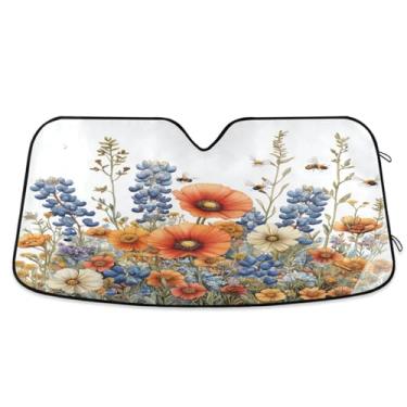 Imagem de ATTX Bees Wildflowers para-sol para para-brisas de carro 144.8 cm x 80.0 cm Protetor solar universal com proteção UV, persiana de janela frontal automática dobrável para caminhões Sedans SUVs #608