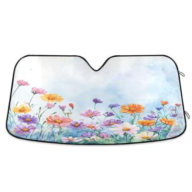 Imagem de ATTX Pára-brisas de carro colorido flores silvestres prado para-sol 144.8 cm x 80.0 cm protetor solar universal com proteção UV, persiana de janela frontal automática dobrável para Sedans SUVs