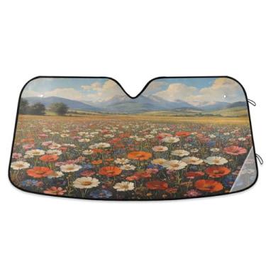 Imagem de ATTX Pintura a óleo vintage flores silvestres pára-brisas carro 134.6 cm x 59.7 cm escudo solar universal com proteção UV, persiana de janela frontal automática dobrável para Sedans SUVs caminhões