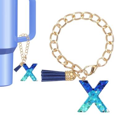 Imagem de Berloque de letras para copo Stanley, lindo pingente inicial X acessórios para chaveiro Stanley Tumbler Handle chaveiro personalizado para mulheres, azul
