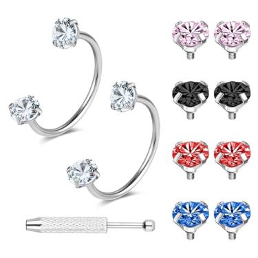 Imagem de 6ixGosh Anéis de nariz em ferradura de 18 g, argola de aço cirúrgico, meia cartilagem, tragus, argola, multicolorida, alternativa, zircônia cúbica, piercing de septo, joia, Aço inoxidável, Zircônia