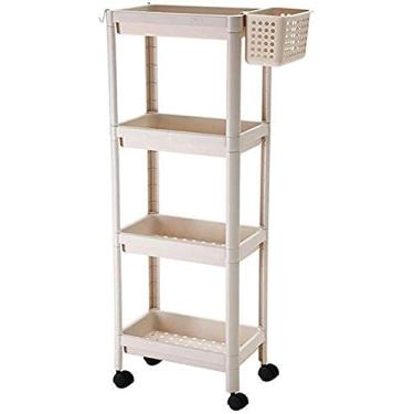 Imagem de LMJYU Rack de armazenamento prateleira de chão carrinho de jantar móvel design de dreno de plástico de 4 camadas com cesta suspensa economiza espaço 36 x 23 x 16 polegadas, damasco, com moldura
