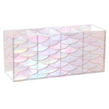Imagem de Qilmy Lindo suporte de caneta de acrílico para escamas de sereia, 3 compartimentos, porta-lápis transparente para mesa, organizador de pincéis de maquiagem, copo organizador de lápis para material