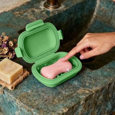 Imagem de Caixa de sabão de viagem de silicone portátil à prova d'água com tampa e design de dreno suporte de sabão portátil à prova de vazamento (verde)